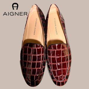 Etienne Aigner luxe croc-embossed leather burgundy loafers, Size 9
